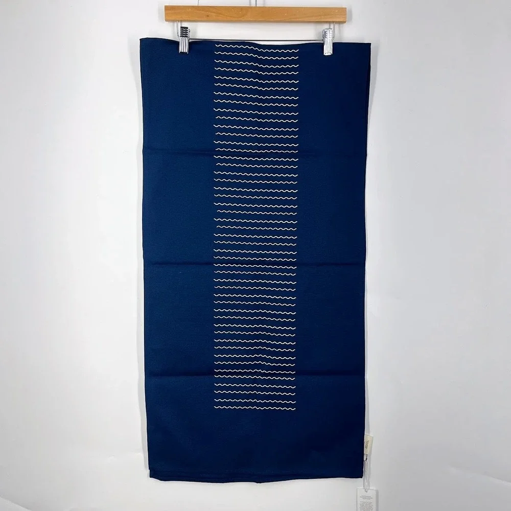 Territory Navy Blue Cotton Table Runner Wavy Line Embroidery 18x35 New